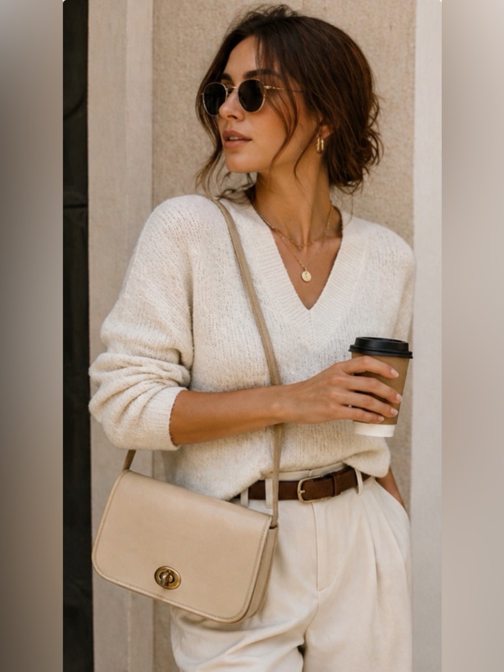 Vintage Cream Leather Crossbody Bag Minimal Flap‎ Neutral Classic Purse